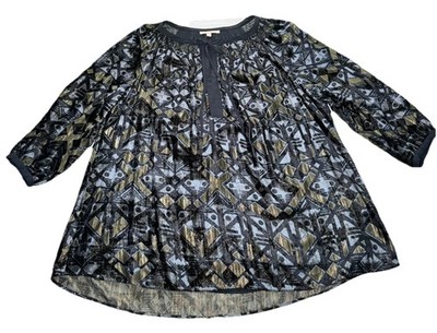 Gibson Latimer Top Womens 1X Black Tunic V-Neck Long Sleeve Metallic Lined