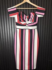 River Island Dress Off Shoulder Stripe Bodycon Midi UK10 Pink Red White Occasion