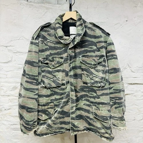 M65 Tiger Stripe Cold Weather Field Coat Military Distressed USA Vintage y2k
