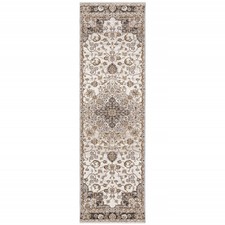 2' X 8' Ivory And Blue Oriental Power Loom Stain Resistant Runner Rug With Fring