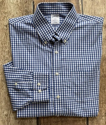 BROOKS BROTHERS REGENT FIT NON-IRON GINGAM SHIRT BLUE MENS 17 4/5 EXCELLENT