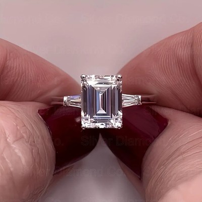 3 Carat Emerald Cut Created Diamond Engagement Ring: Sterling Silver Art Deco