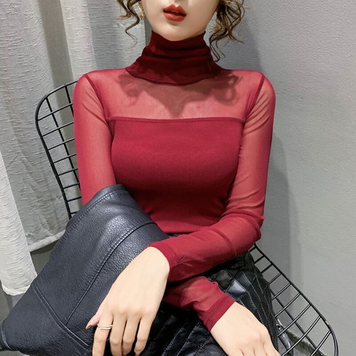 Womens Sexy Turtleneck Pullover T-Shirts Mesh Long Sleeves Slim Fit Tops Party - Picture 20 of 37