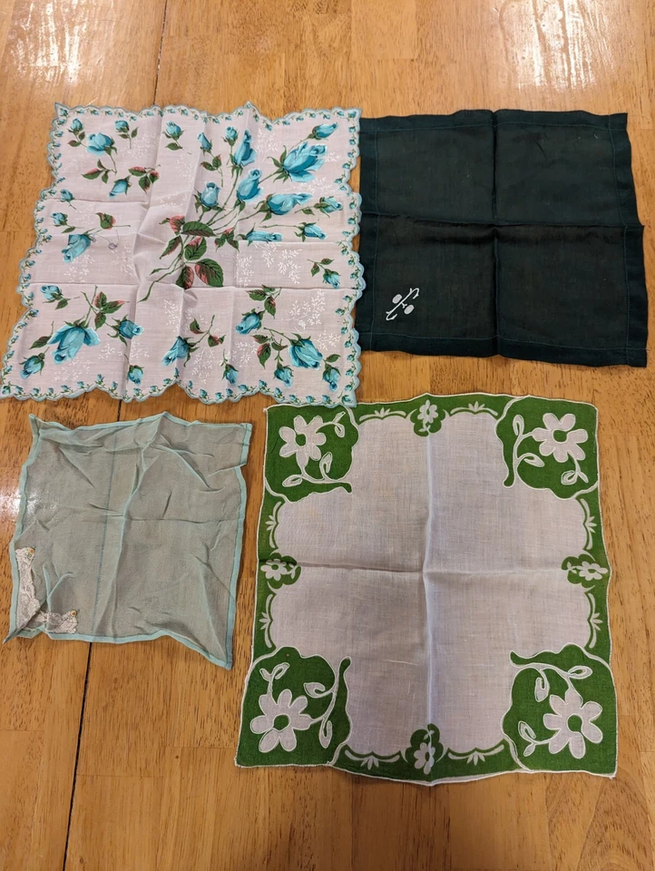 Love of 4 复古 Hankies Greens 童话日手帕 50 年代花朵 — 第 2/4 张图片