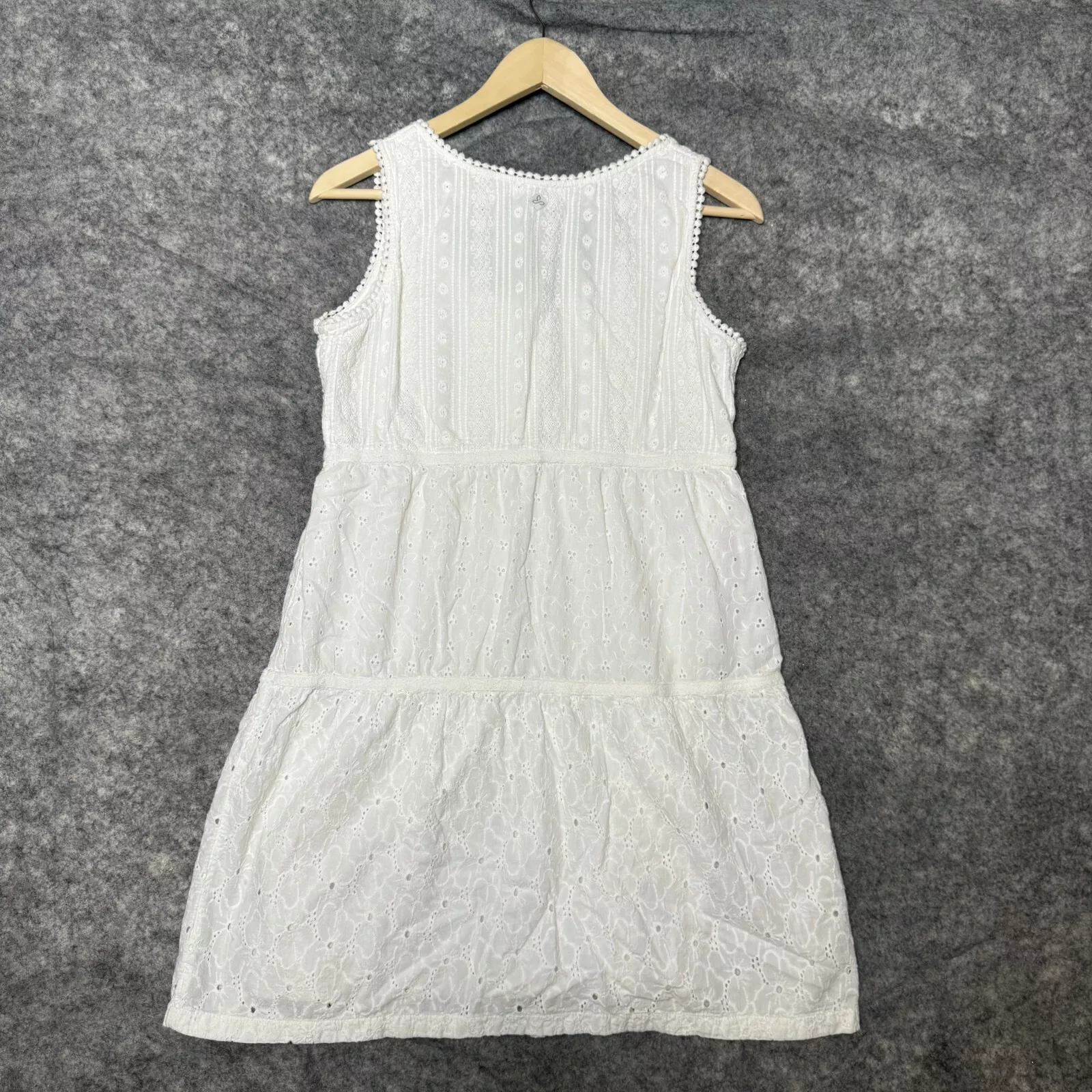 prana dress button tiered cottagecore peasant eyelet floral boho 