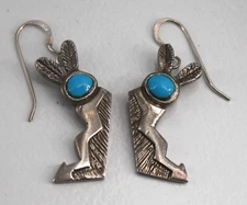 Sterling Turquoise Spirit Rabbit Arrow Earrings Dangle Signed IJS Southwestern
