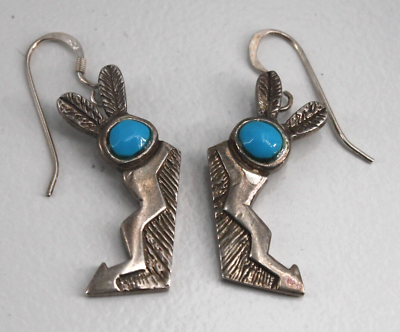 Sterling Turquoise Spirit Rabbit Arrow Earrings Dangle Signed IJS