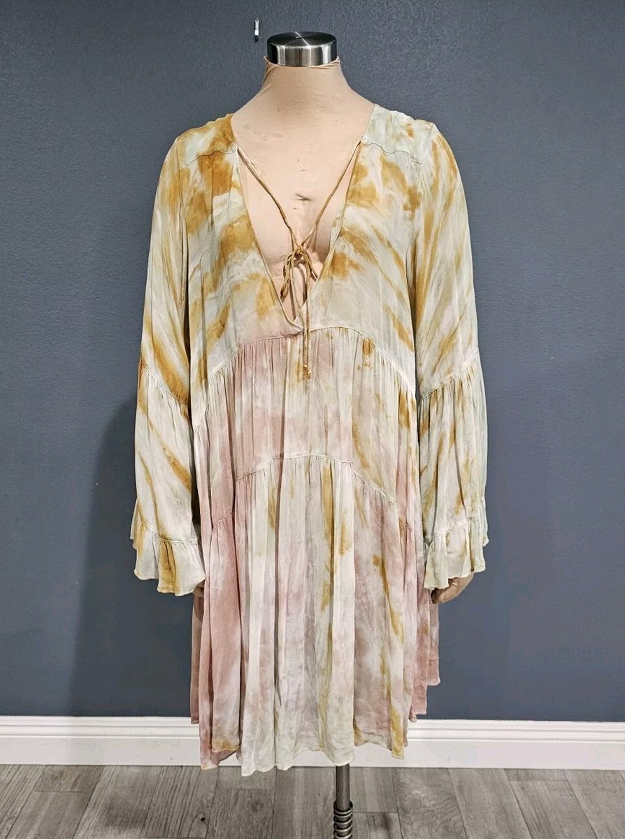 YOUNG FABULOUS & BROKE Green Pink Multi Boho Chiffon Tie Dye Shift Dress M