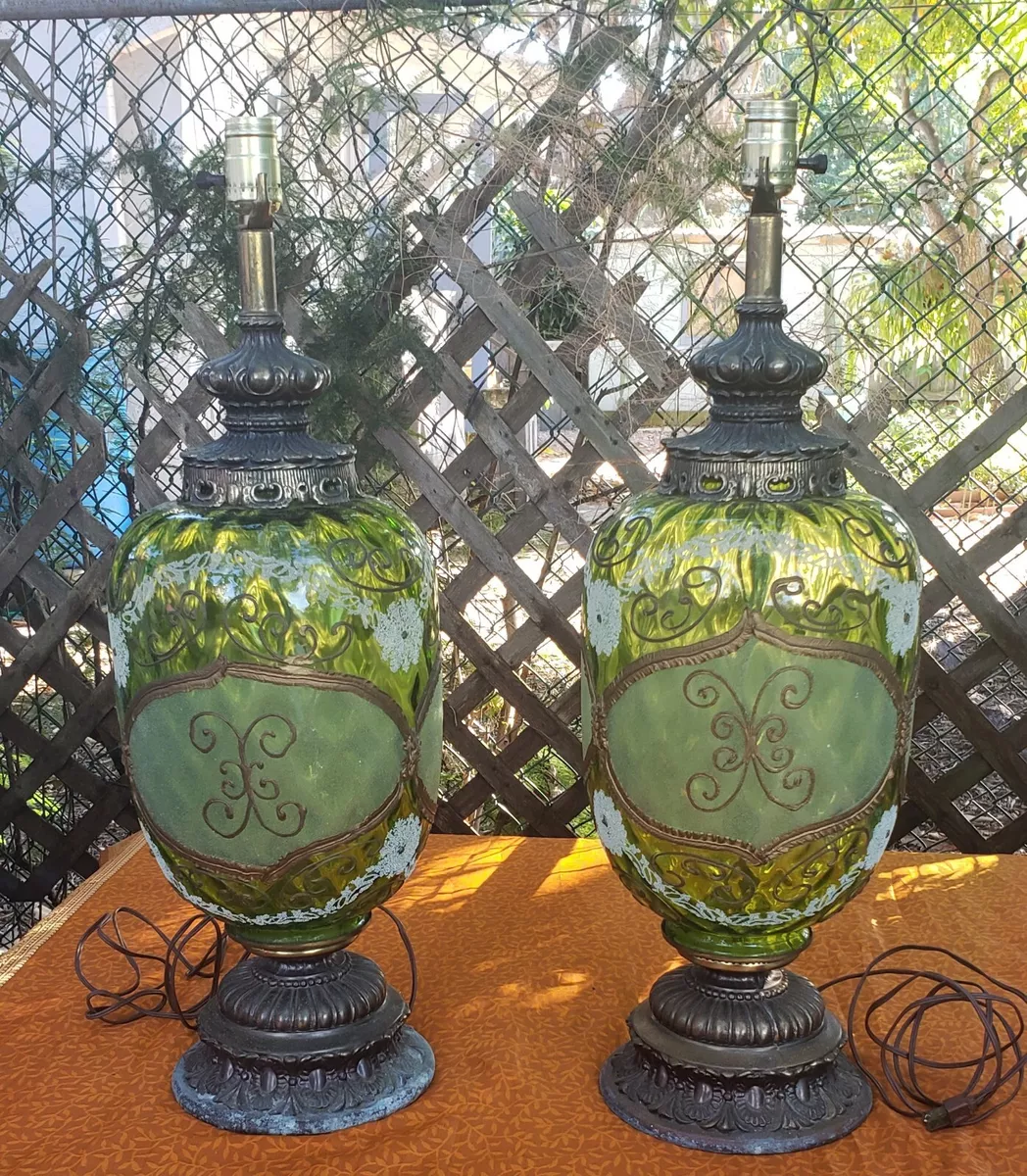 Vintage Green Glass Lamp Hand Applied Bronze Detail Frosted Design