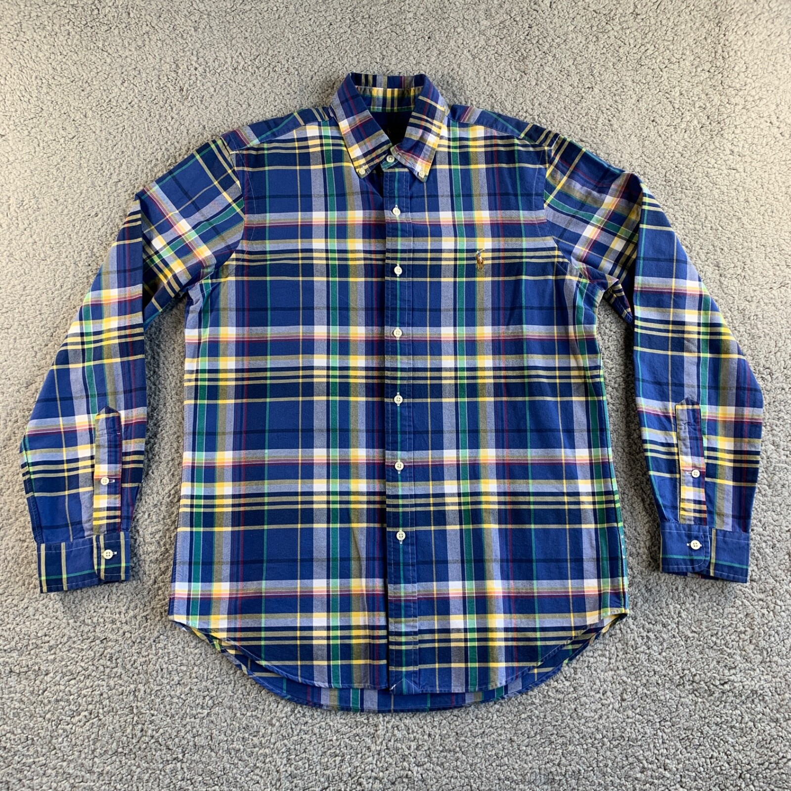 NEW Ralph Lauren Shirt Mens Medium Blue Yellow Madras Plaid Long Sleeve Colorful