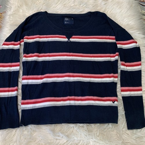 American Eagle AE Y2K Stripe Sweater Blue Pink 100% Cotton Preppy Size Small - Picture 1 of 6