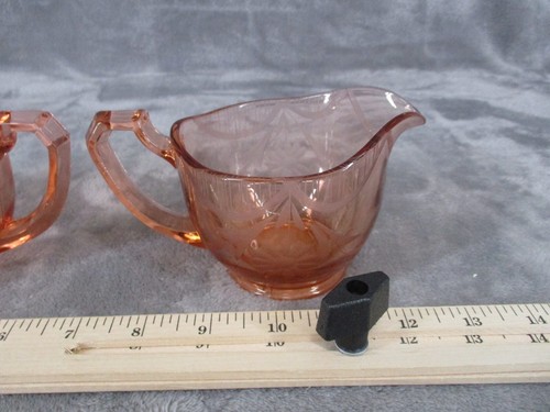 Depression Glass Sugar Bowl And Creamer Set Pink Floral Etched Vintage Handle * - Picture 4 of 16