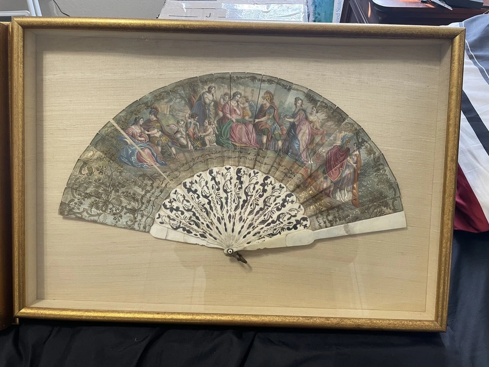 Antique FRENCH HAND PAINTED paper FAN ETCHED MOTHER OF PEARL 1800s - Image 2 of 4