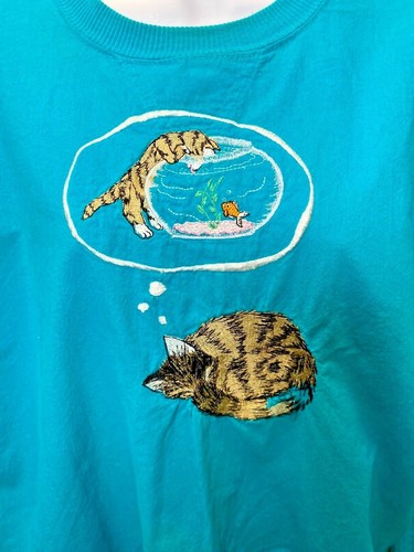 Vintage Boundary Line Embroidered Cat Shirt Women's size Medium 80's 90's - Picture 4 of 8