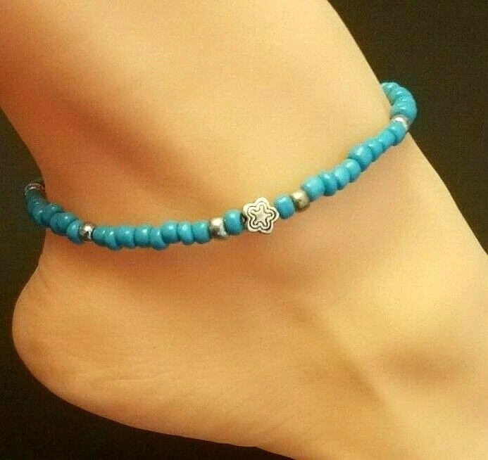 Turquoise Blue Glass Seed Beads Silver Starfish Charm Ankle Bracelet 9" or 10" - Image 4 of 4