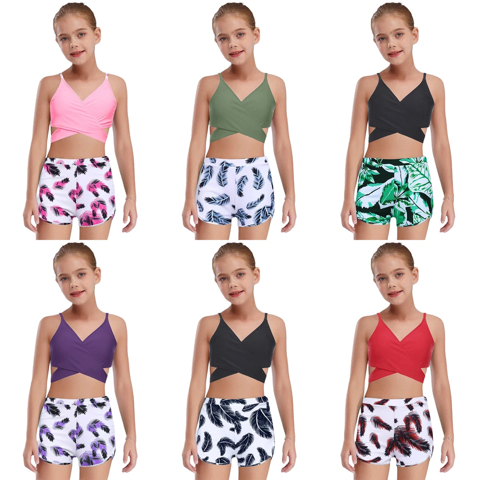 Niños Niñas Trajes Traje de Protección Solar Conjunto de Protección contra Erupciones Pantalones Cortos Estampado de Plumas Foto 2 de 4