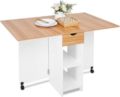 HOMCOM Klappbarer Esstisch, Klapptisch für kleine Räume mit 2-stufigem Regal