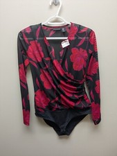New Tahari Women Small Black Red Mesh Bodysuit Floral Long Sleeve Undershirt NWT