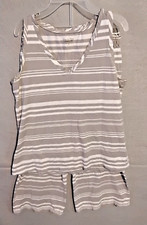 Garnet Hill Pajama Set 2 Piece Green Organic Cotton White Gray Stripes Size XS