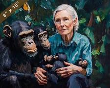 Jane Goodall with chimpanzees Oil painting 8x10 Print