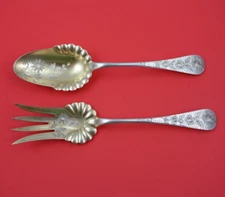 Wood and Hughes Sterling Silver Salad Serving Set 2pc GW BC Hammered 8 5/8"