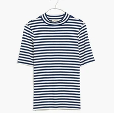 NEW Madewell Drapey-Rib Mockneck Stretch Top Classic Indigo Stripe Large