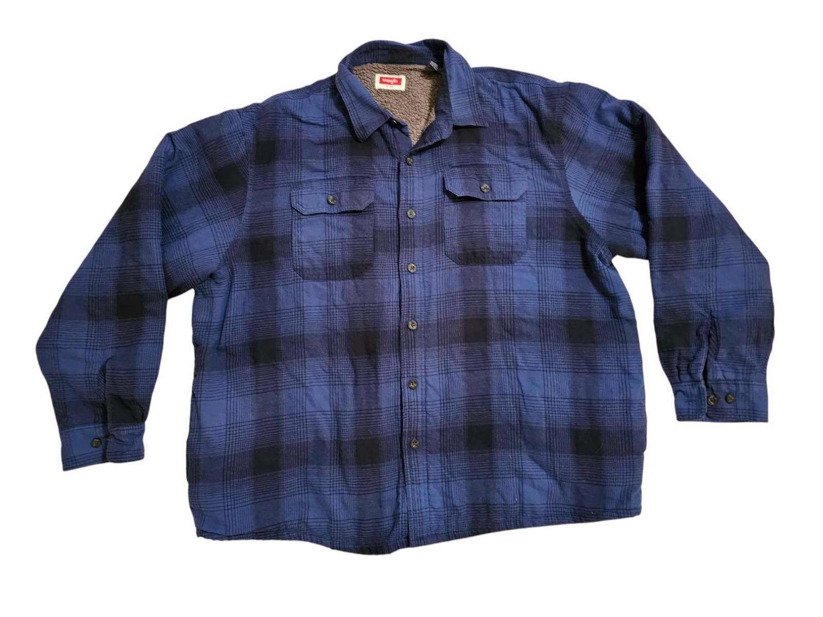 Wrangler Mens Blue And Black Plaid Sherpa Lined Flannel Shacket 2XL