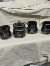 VTG COBALT BLUE JAPANESE STYLE ASIAN TEA SET PORCELAIN PHEASANT/PEACOCK 3 cups