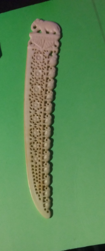 Vintage Elephants Celluloid Letter Opener Plastic 7” Ivory Toned Carved Design