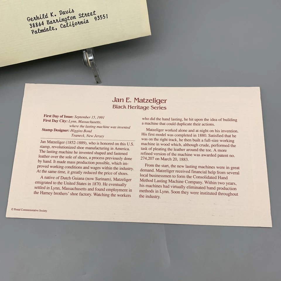 Vintage 1991 Black Heritage Jan Matzeliger Gold Stamp Cover First Day Issue USPS - Image 2 of 4