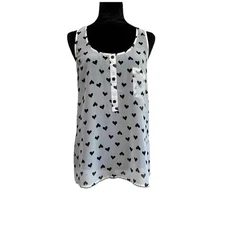Collective Concepts White with Black Hearts RazorBack Relaxed Fit Sheer Tank Top