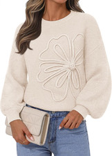 MEROKEETY Women's 3D Floral Sweater Cream Balloon Sleeve Pullover Large NWT