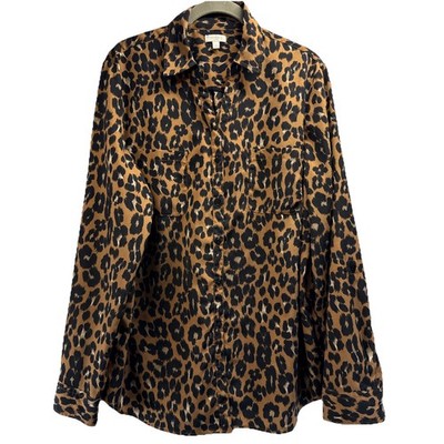 Talbots Women's Top Sz L Black Brown Cheetah Animal Print Button Up Long Sleeves
