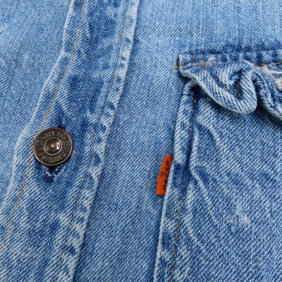 Vtg Levis Denim Shirt Men Medium Blue Western Sawtooth Orange Tab 70s Distressed - Image 3 of 4