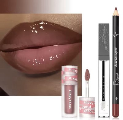 3PCS Glossy Lip Set Shimmer Lip Gloss + Lip Oil + Lip Liner Nourishing Lip Gloss