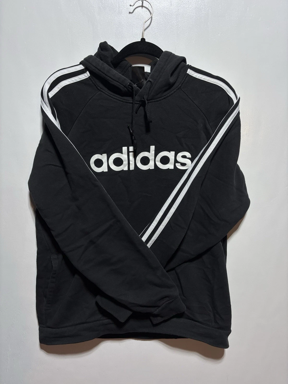 Adidas Womens Size L Black Cropped Hoodie Sweatshirt Stripe Logo Long Sleeves