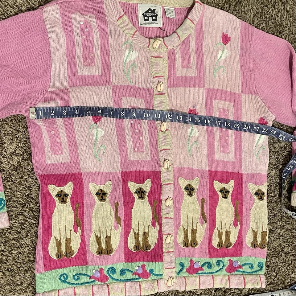 90s/2000 Vintage L Storybook Knits Women’s Pink Siamese Cats & Flowers Cardigan - Image 2 of 4