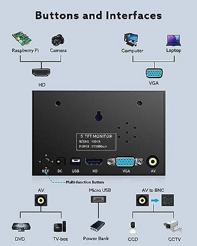  5 inch Monitor, 800x480 Mini TFT LCD Screen Small Camera Video 5 inch monitor - Image 4 of 4