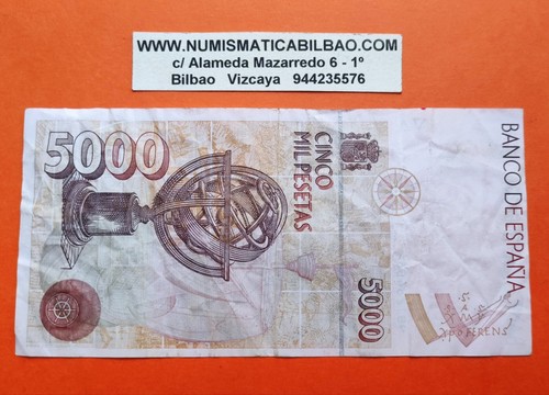 RARA Serie 9B 1284864 España 5000 PESETAS 1992 COLON Pick 165 BILLETE CIRCULADO - Imagen 2 de 2
