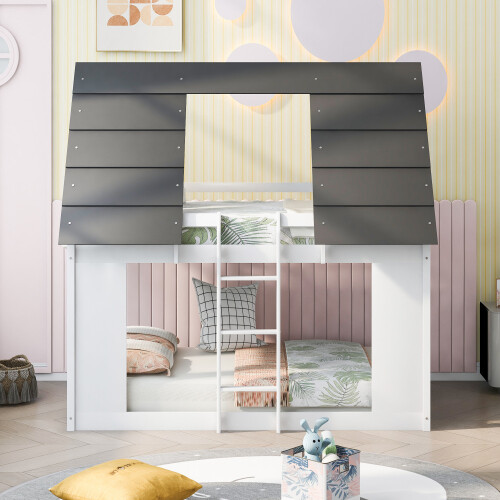 Twin Over Twin House Bunk Bed Wood Bed Frame with Roof Guardrail for Kids Adults - Picture 1 of 12