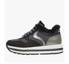 New in Box VOILE BLANCHE MARAN Fur Leather And Fabric Sneakers in Black-Grey