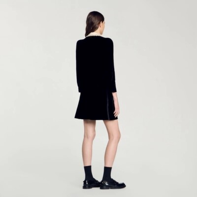 Sandro velour Pearl Doll collar Long sleeve Dress Black for Women | eBay
