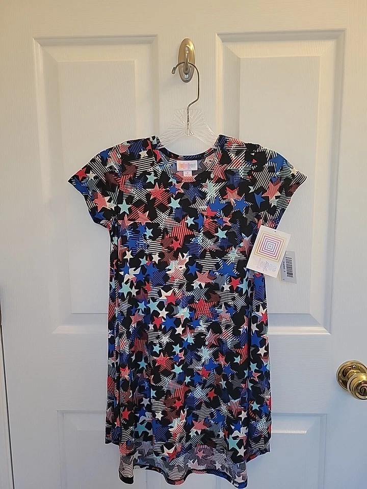 Vestido LuLaRoe Scarlett 4 de julio nuevo con etiquetas para niña talla 8 rojo blanco azul patrón de estrellas Foto 2 de 4
