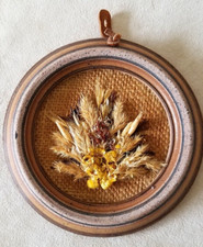 DRIED FLOWERS OLD ROUND PICTURE HANDMADE WEAVE FROM LINEN FIELD PLANTS 5 5/8''