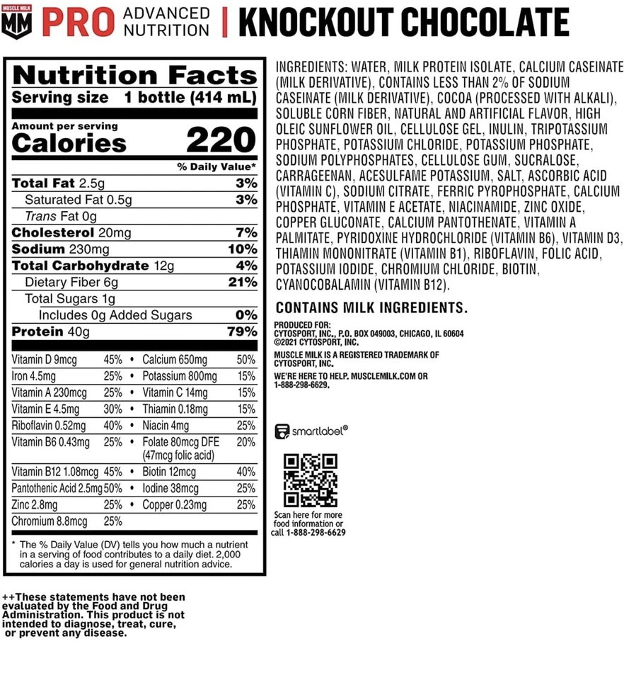 Batido de proteínas Muscle Milk Pro Advanced Nutrition, chocolate Knockout, 14 fl oz Foto 2 de 4