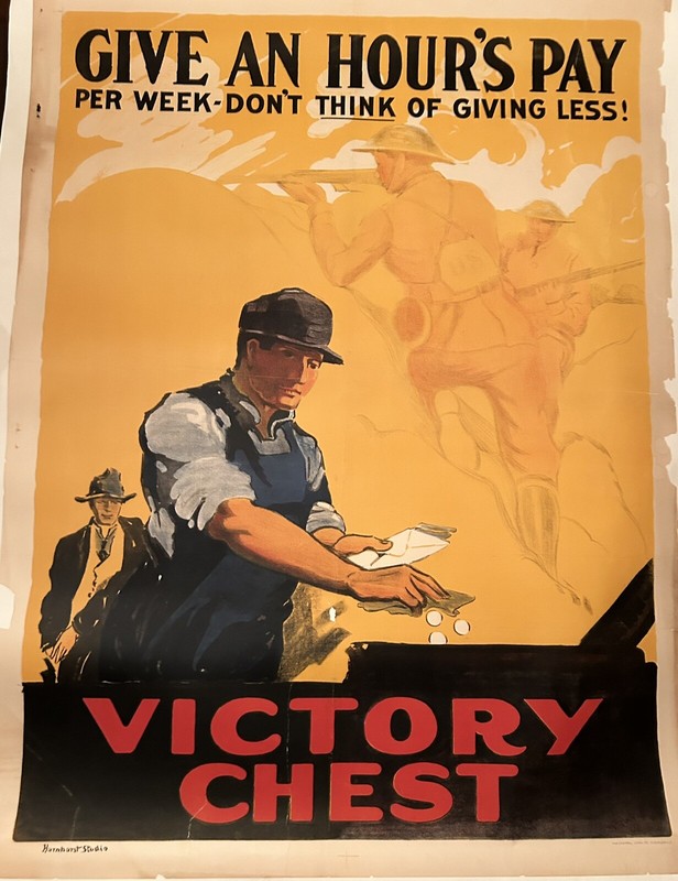 RARE WWI Original Poster victory chest - "Give an Hours Pay" Doughboys