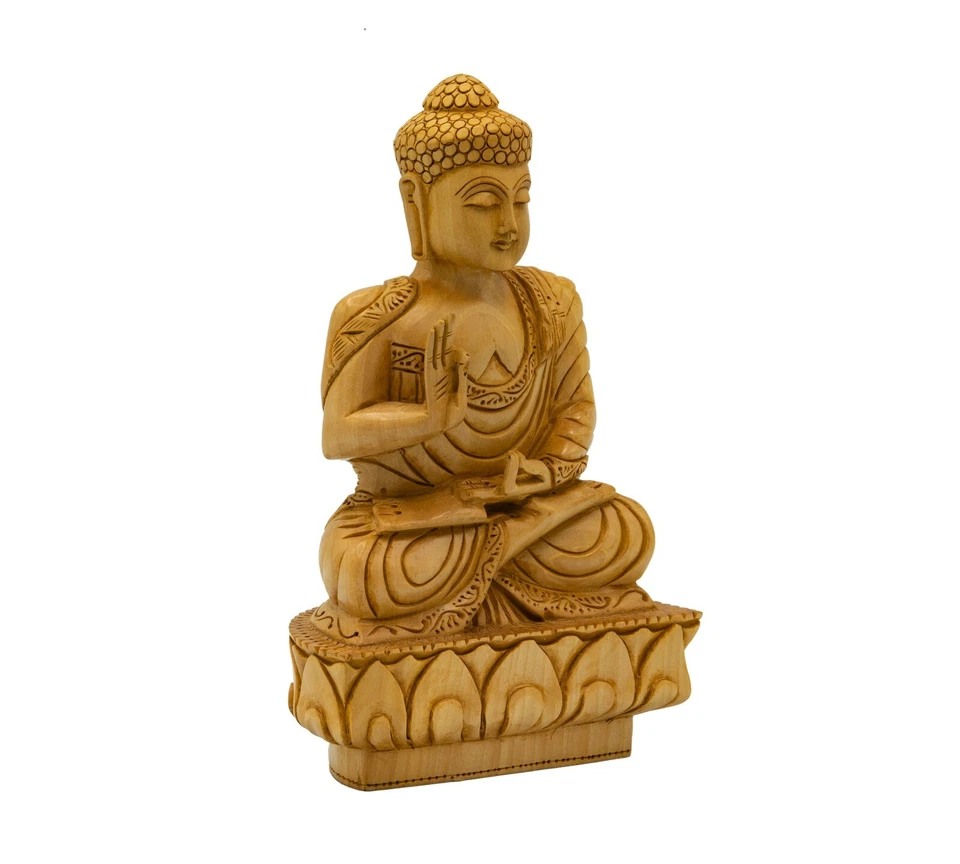 Wooden Hand carved Meditating Buddha Statue Sitting On Lotus On Kadam Wood - Image 2 of 4