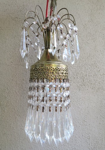 Vintage Hollywood waterfall Fountain Tole brass SWAG lamp crystal chandelier fil - Picture 2 of 11
