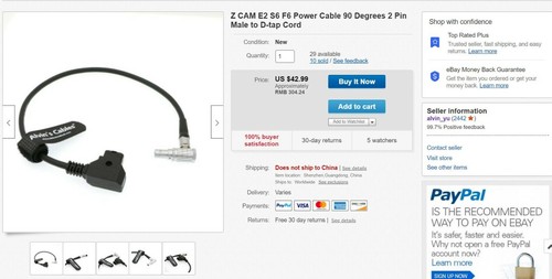 Z CAM E2 S6 F6 Power Cable 90 Degrees 2 Pin Male to D-tap Cord - Picture 2 of 6