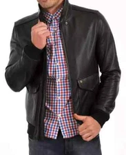 Men Black Leather Bomber Jacket Biker Motorcycle Genuine Lambskin Coat Jacket